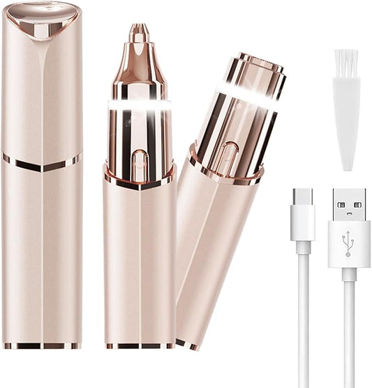 Facial Hair Removal Eyebrow Trimmer - Facial Shaver Device 2 in 1 Remover for Face Peach Fuzz Eyebrow Nose Ear Hair Chin Lips Armpit with LED Light Rechargeable for Women Men Travel Size (Gold)-Velvo Beauty