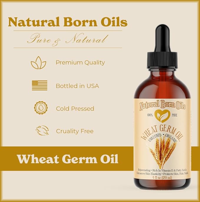 Natural Born Oils Wheat Germ Oil. 4oz. 100% Pure, Natural, Organic, Cold-pressed, Unrefined, Rejuvenating, Rich in Vitamin E. Moisturizer for Skin Hair-Velvo Beauty