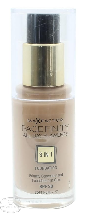 Max Factor Face-Finity All Day Flawless 3 In 1 SPF 20 Foundation Makeup for Women, No. 77 Soft Honey, 30ml-Velvo Beauty
