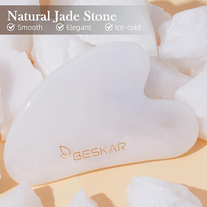 BESKAR Gua Sha Facial Tools, Natural Jade Stone Guasha Massager for Jawline Sculpting, Tighten Face Skin and Reduce Wrinkles, Face Eyes Body Neck Massage Tool, Skin Care Gift-Velvo Beauty