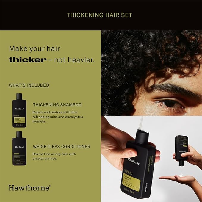 Hawthorne Men's Thickening Shampoo and Conditioner Hair Set. Includes Thickening Shampoo and Weightless Conditioner. Sulfate Free, Paraben Free. 8 Fl Oz Each.-Velvo Beauty