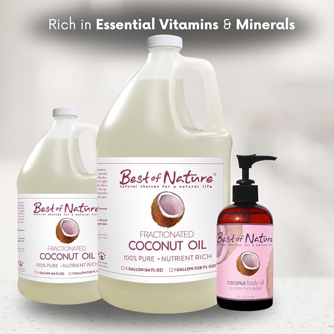 Best of Nature 100% Pure Fractionated Coconut Oil - Liquid MCT Massage & Body Oil, Unscented Moisturizer for Hair, Skin, Face, Aromatherapy Carrier for Essential Oils, Half Gallon (64 fl oz)-Velvo Beauty