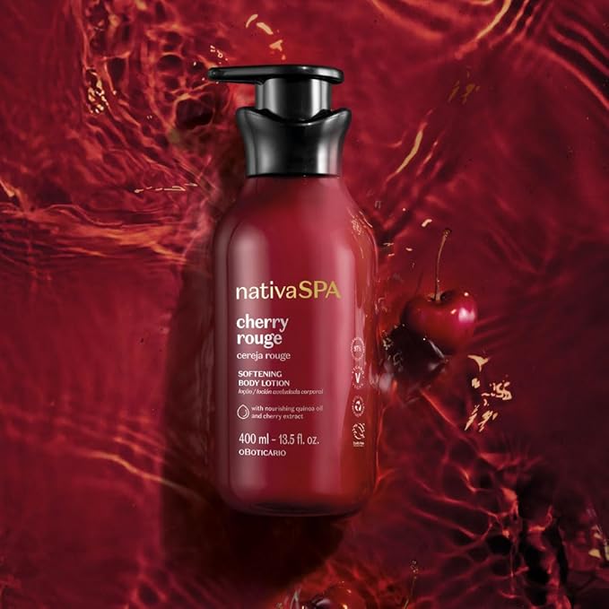 O Boticário Nativa SPA Cherry Rouge Velvety Body Lotion, Bold Oriental Amber Fragrance with Cherry Extract & Quinoa Oil, Collagen Boosting Hydration, 13.5 Ounce (400ml)-Velvo Beauty