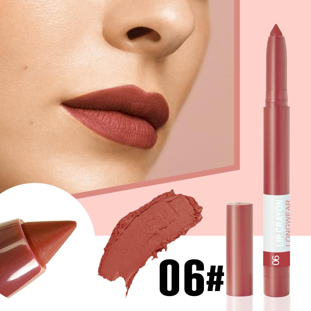 BINGBRUSH Lip Crayons Matte Longwear Lipstick Pack Set,Moisture Smooth Lipliner With Built-in Sharpener Ultimate Super Stay Ink Lip Crayon for Makeup,Waterproof Velvet Lipgloss Lip Stain (6#Red Brown)-Velvo Beauty