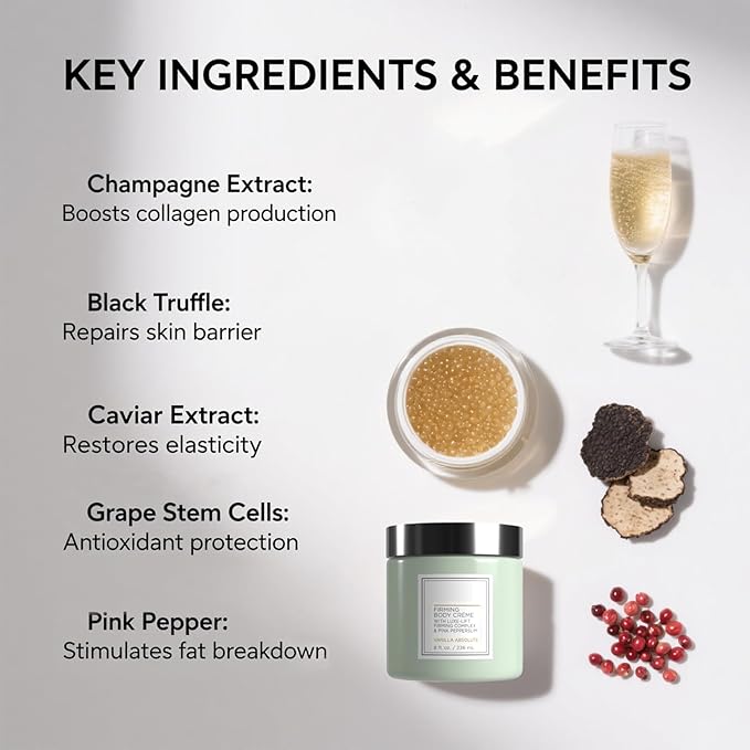 Champagne Firming Body Cream,Anti-Aging Tightening Cream with Luxe-Lift Complex,Skin Firming Cream for Hydrates Dry Skin, Fights Crepey Skin on Arms & Legs(8 Fl Oz, Sweet Almond Coconut)-Velvo Beauty