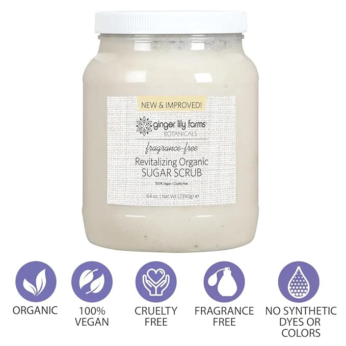 Ginger Lily Farms Botanicals Revitalizing Organic Sugar Scrub, All-Natural Skin Exfoliating Sugar Crystals, 100% Vegan & Cruelty-Free, Fragrance-Free, 64 oz.-Velvo Beauty