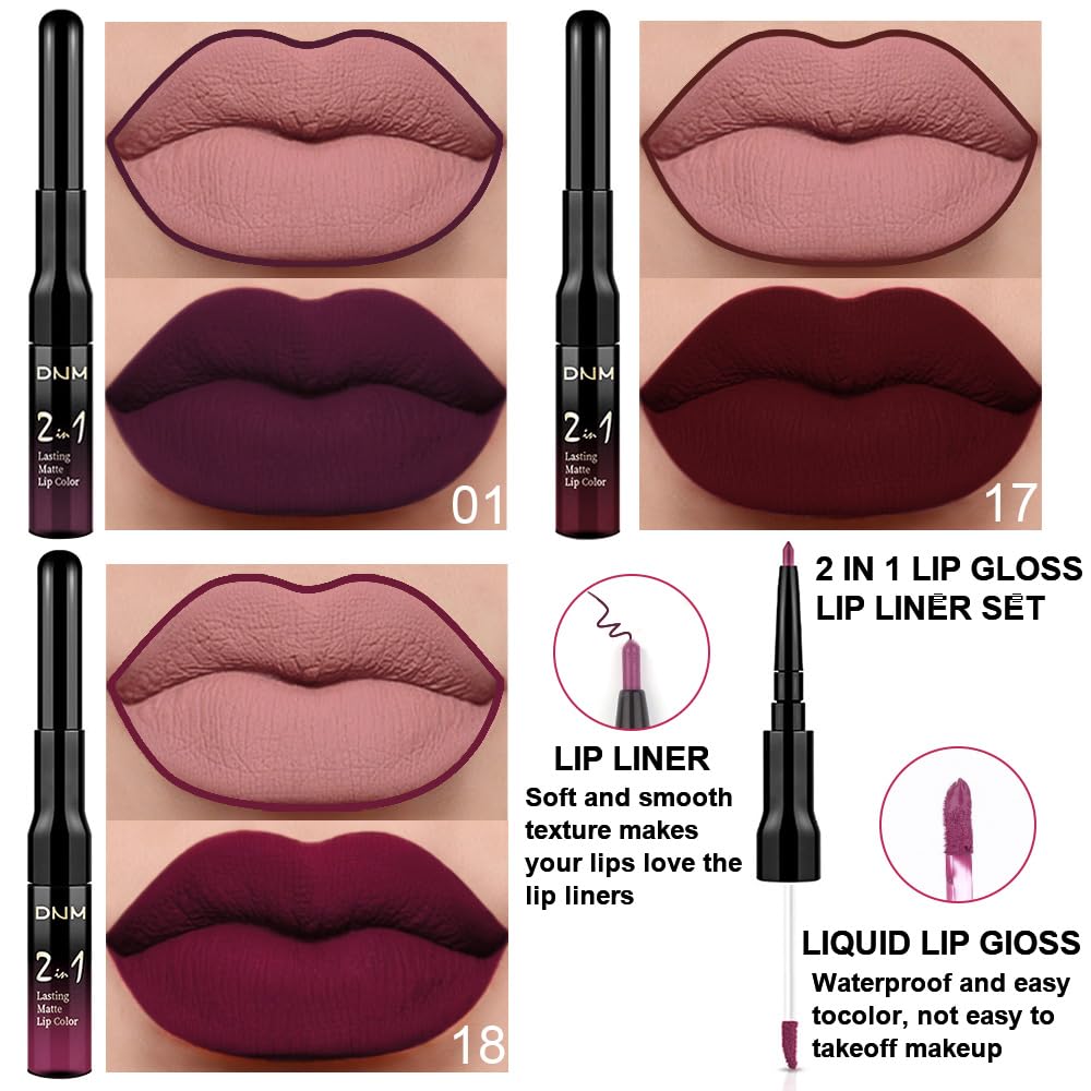 evpct 3Pcs Dark Red Purple Plum Matte Liquid Lipstick and Lip Liner Set for Women Matte Burgundy Lip Tint Stain Long Lasting Waterproof, Black Cherry Blood Red Mauve Brown Gothic Goth Lipsticks Makeup-Velvo Beauty