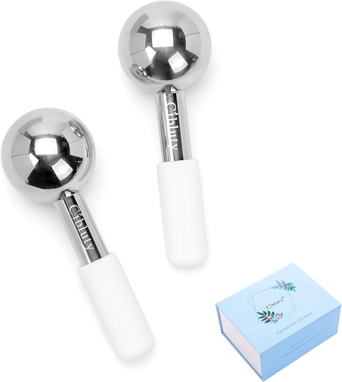 Facial Ice Roller by CIBLUTY- 2PC Stainless Steel Face Globes for Cold or Hot Skin Massagers Durable Unbreakable Globes with White Silicone Handle for Face and Body Fitness-Velvo Beauty
