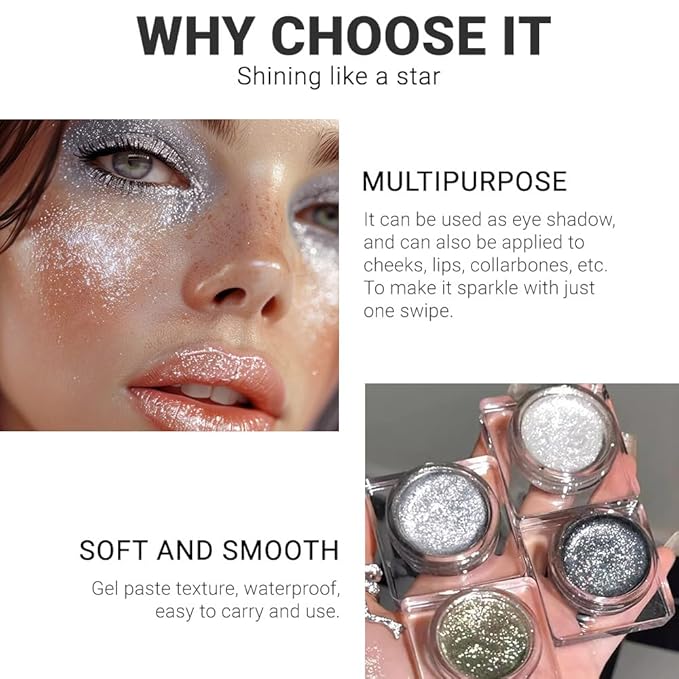 Single Glitter Eyeshadow, Shimmer Eyeshadow Palette, Korean Eye Glitter Makeup, Ultra-Blendable, Sparkle Silver Eye Shadow, Single Shade Metallic Pigmented, (Silver)-Velvo Beauty