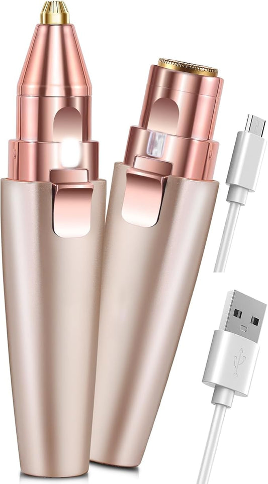 Hatteker Eyebrow Facial Trimmer, 2 in1 Rechargeable Hair Removal and Eyebrow Shaver - Face Lips Body Painless Razor with Built-in LED Light (Rose Gold)-Velvo Beauty