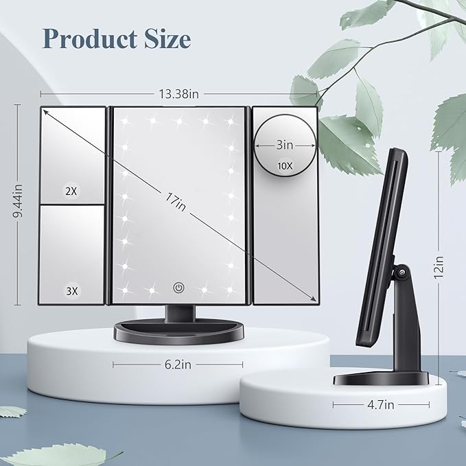 HUONUL Makeup Mirror Vanity with Lights, 2X 3X 10X Magnification, Lighted Mirror, Touch Control, Trifold Dual Power Supply, Portable LED Women Gift (Black)-Velvo Beauty