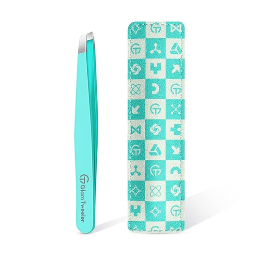 Expert Eyebrow Hair Removal Tweezer with Leather Case, GlamTweeler High Precision Slant Tip Stainless Steel Tweezers for Men and Women (Robin's Egg Blue)-Velvo Beauty