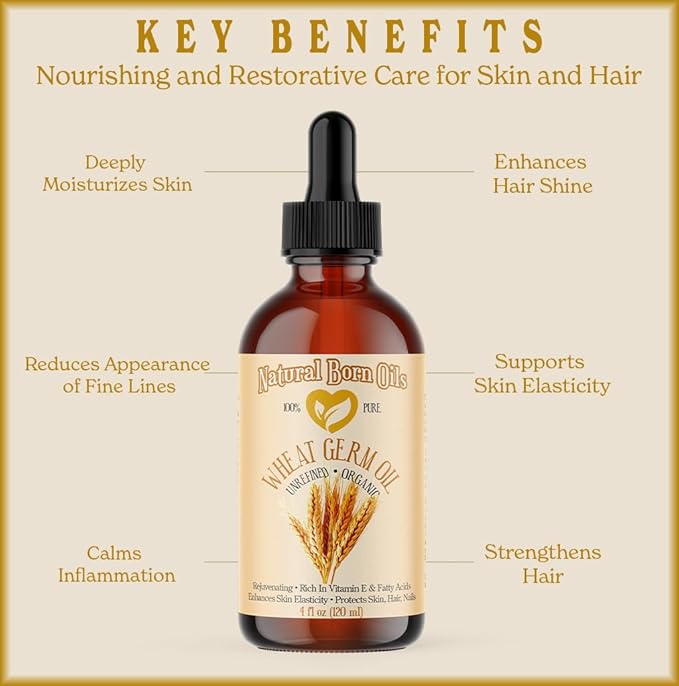 Natural Born Oils Wheat Germ Oil. 4oz. 100% Pure, Natural, Organic, Cold-pressed, Unrefined, Rejuvenating, Rich in Vitamin E. Moisturizer for Skin Hair-Velvo Beauty