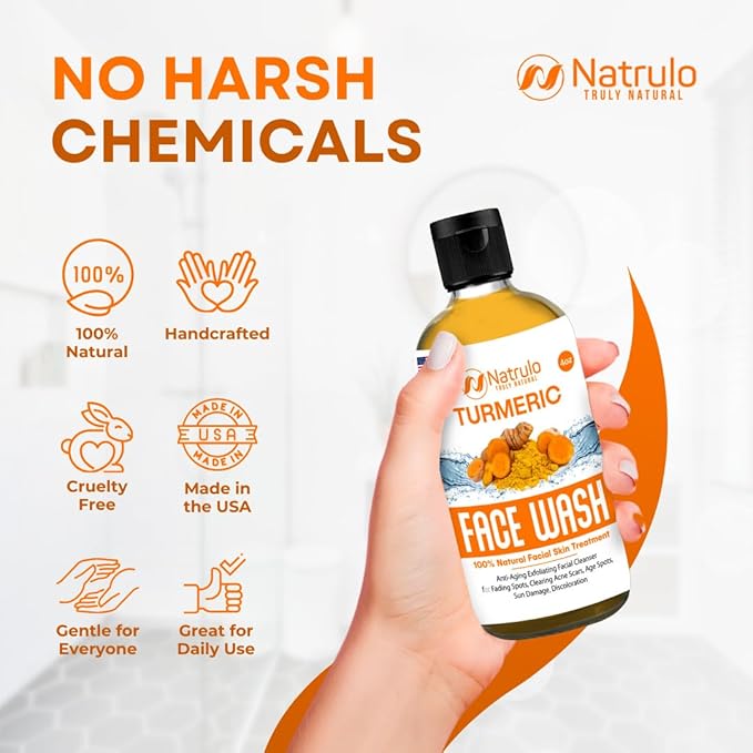 Natrulo Turmeric Face Wash, 4oz Clear Skin Liquid Soap – 100% Natural Anti Aging Exfoliating Turmeric Facial Cleanser for Fading Spots, Clearing Acne Scars, Age Spots, Sun Damage, Discoloration-Velvo Beauty