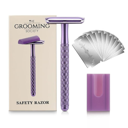 Double Edge Safety Razor for Women Purple with 10 Blades and Silicone Cover - Durable Metal Eco-Friendly Single Blade Razor - Closed Smooth Shave-Velvo Beauty