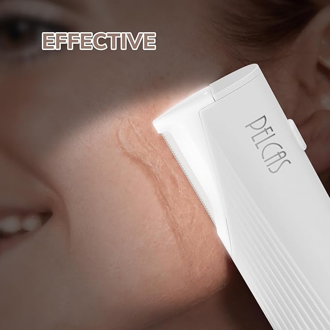 PELCAS Electric Dermaplaning Tool for Face with LED Light, Mini Facial Dermaplaning Razor Kit, Painless 3 Speeds Facial Peach Fuzz & Hair Removal At Home for Women with 6 Blades Off White-Velvo Beauty