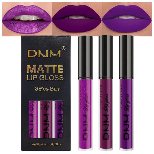 evpct 3Pcs Violet Purple Crystal Metallic Shimmer Glitter Matte Liquid Lipstick Lip Stain Sets for Women Matte+Lipstick Long Lasting Waterproof Permanent 24 Hours Magic Lipstick 24 Hours original-Velvo Beauty
