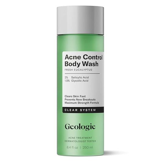 Geologie Acne Control Body Wash | Fresh Eucalyptus | 2% Salicylic Acid + 1.5% Glycolic Acid | Clears Body Acne & Prevents Breakouts | For Men & Women | No Benzoyl Peroxide | 8.4 oz-Velvo Beauty