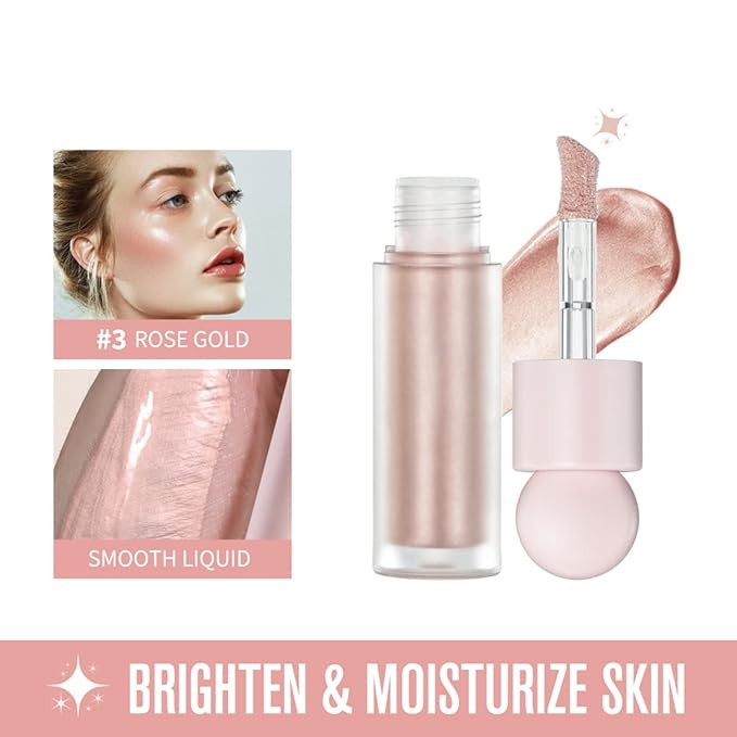 Liquid Highlighter Natural Glow For Face & Body, Waterproof Moisturizing Light Liquid Luminizer For Long Lasting Shimmer, Contour Highlighter Stick Easy to Apply with Cushion Applicator (#3 Rose gold)-Velvo Beauty