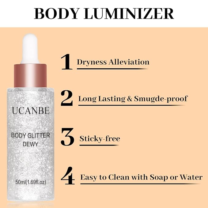 UCANBE Highlighter Makeup Drops Body Glitter Dewy Liquid Face Glow Shimmer for Women Holographic Luminizer Sparkles for Face (Silver Fairy White - 02)-Velvo Beauty