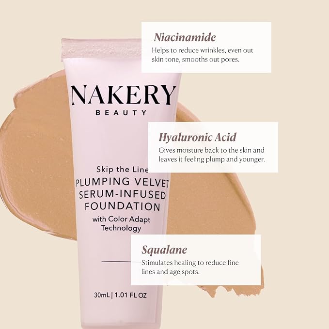 Nakery Full Coverage Foundation for Women - 5 in 1 Plumping Liquid Foundation Makeup - Serum Infused Makeup Foundation Smart Color Adapt with Niacinamide & Hyaluronic Acid for All Skin Types - Light-Velvo Beauty