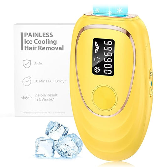 IPL Laser Hair Removal Device for Women & Men - Home 45°F Ice-Cooling Contact for Painless & Long-Lasting Results, 86% Hair Reduction in 3 Weeks for Full Body & Bikini Line, Light Yellow-Velvo Beauty