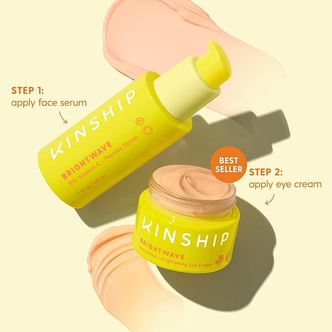 Kinship Brightwave Vitamin C Face + Eye Duo | 10% Vitamin C Serum (1 Fl Oz) | Brightening Eye Cream (0.5 Oz) | Fade Dark Spots | Reduce Fine Lines, Wrinkles, Dark Circles + Puffiness | All Skin Types-Velvo Beauty