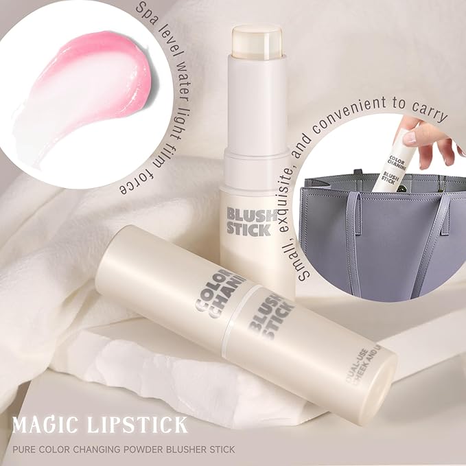 2PCS Color Changing Blush Stick for Cheeks Makeup,Clear Blush PH Temperature Change Magic Pink Cream Blusher Waterproof Multi-Use Lips and Face Tint,Matte Finish Natural Lightweight Jelly-Velvo Beauty