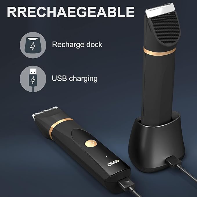 OLOV Electric Body Hair Trimmer - Groin Trimmer for Men - Bikini Trimmer Women - Wet/Dry Shaver Groomer, Replaceable Ceramic Blade Heads, USB Recharge Dock, Waterproof Hygiene Razor,Black-Velvo Beauty