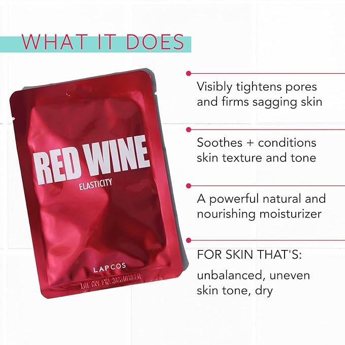 LAPCOS Red Wine Sheet Mask, Daily Face Mask to Restore and Soften Skin, Korean Beauty Favorite, 5-Pack-Velvo Beauty