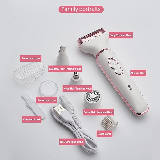Bikini Trimmer for Women, Electric Razor Hair Shaver for Face Nose Eyebrow Beard Mustache Arm Leg Armpit Bikini, Replaceable Lady Facial Razor, Painless Rechargeable 4 in 1 Women Body Shaver for Trip-Velvo Beauty
