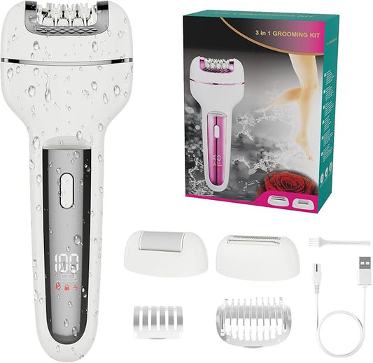 Epilator for Women 3-in-1 Epilator, Body Hair Removal Device,Wet/Dry, Waterproof, Cordless Rechargeable Electric Trimmer & Shaver & Callus Remover for Women & Men 606 Gray-Velvo Beauty