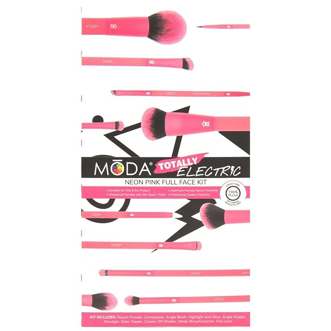 MODA Totally Electric Neon Full Face Makeup Brush Kit – 13pc Vibrant Brush Set for Face & Eyes with Zip Case (Neon Pink)-Velvo Beauty