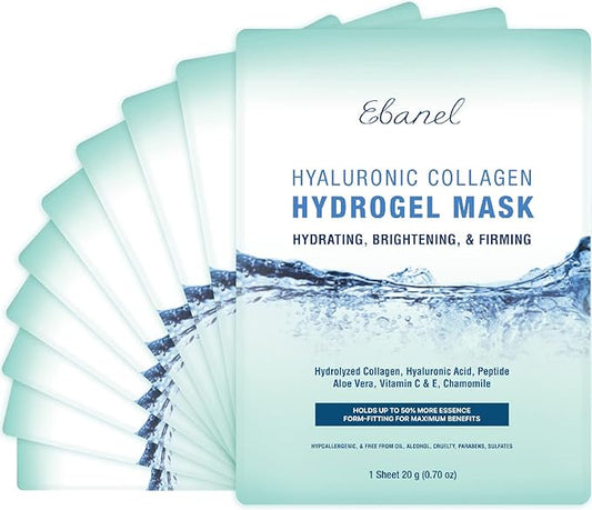 Ebanel 10 Pack Hydrogel Collagen Face Mask with Hyaluronic Acid, Vitamin C, Peptide, Aloe, Instant Brightening Hydrating Face Masks Skincare Korean Sheet Mask, Skin Firming, Lifting Anti Aging Masks-Velvo Beauty