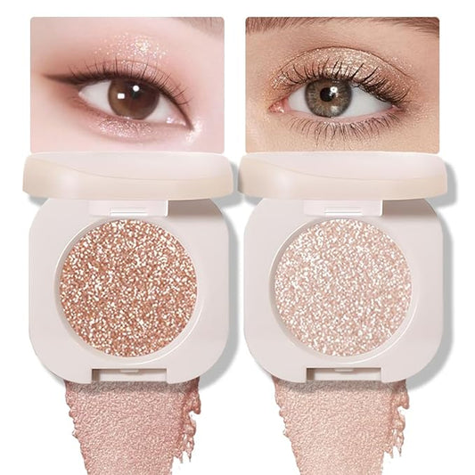 2Pcs Glitter Shimmer Sparkle Eyeshadow Palette Makeup, Light Brown Pearl White Glitter Shimmer Metallic Holographic Multichrome Cream Iridescent Single Monochrome Eye Shadow Makeup-Velvo Beauty
