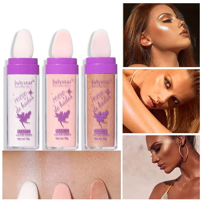 AKARY Shimmer Highlighter Powder, Fairy Polvo De Hadas Highlighter Powder & Blush Stick, Instant Glow Luminizer Duo, Glitter Body Face Hair High Gloss Stick, Sparkle Smudge-Proof Highlighter Stick Party Makeup (B1- #2)-Velvo Beauty