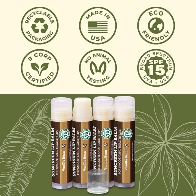 SPF Lip Balm 4-Pack by Earth's Daughter - Lip Sunscreen, SPF 15, Organic Ingredients, Vanilla Flavor, Beeswax, Coconut Oil, Vitamin E - Hypoallergenic, Paraben Free, Gluten Free-Velvo Beauty