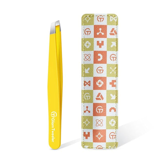 Expert Eyebrow Hair Removal Tweezer with Leather Case, GlamTweeler High Precision Slant Tip Stainless Steel Tweezers for Men and Women (Chartreuse Yellow)-Velvo Beauty