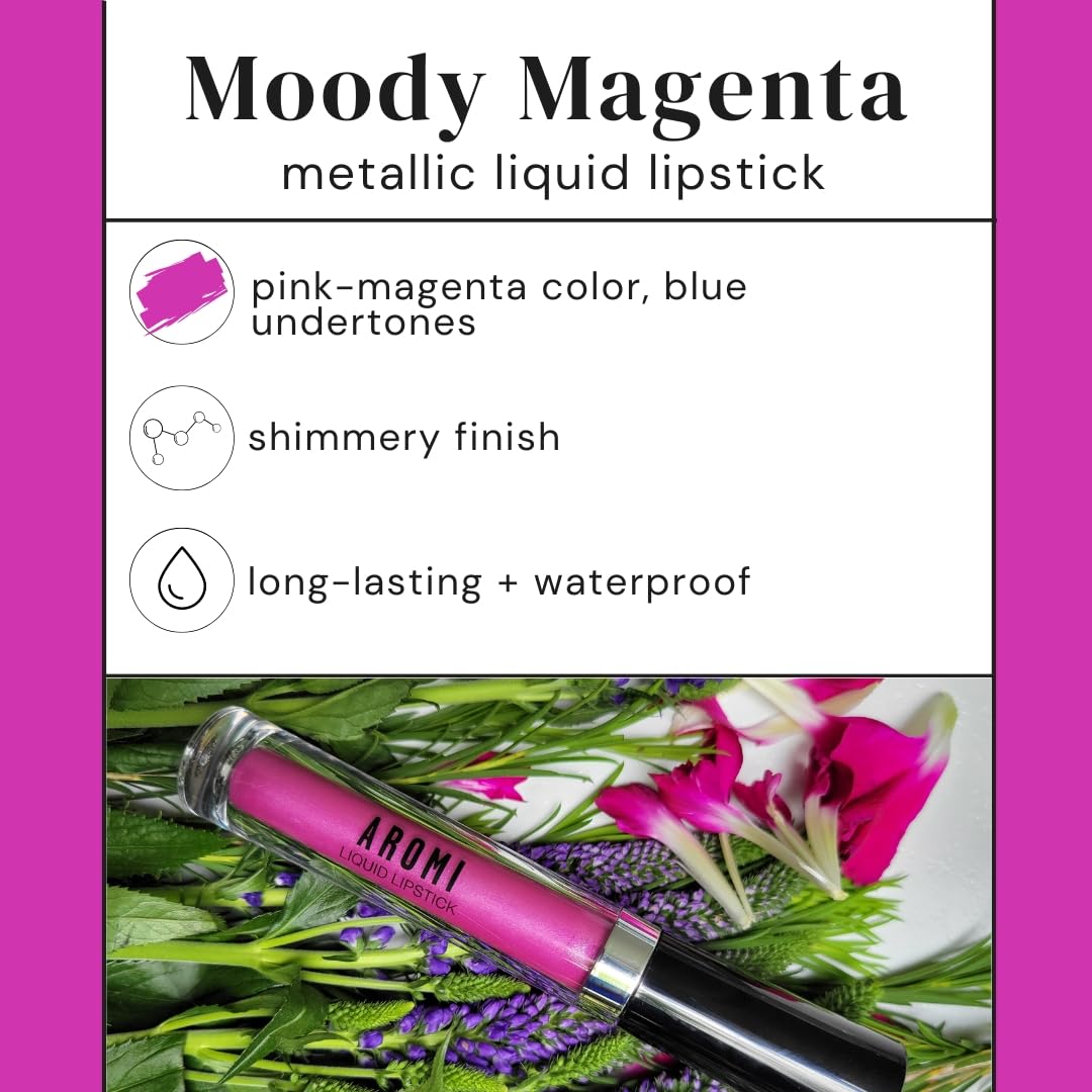 Aromi Metallic Liquid Lipstick | Long-lasting, Fuchsia, Pink Lip Color with Shimmery Finish, Waterproof, Vegan, Cruelty-free, Gluten Free (Moody Magenta)-Velvo Beauty