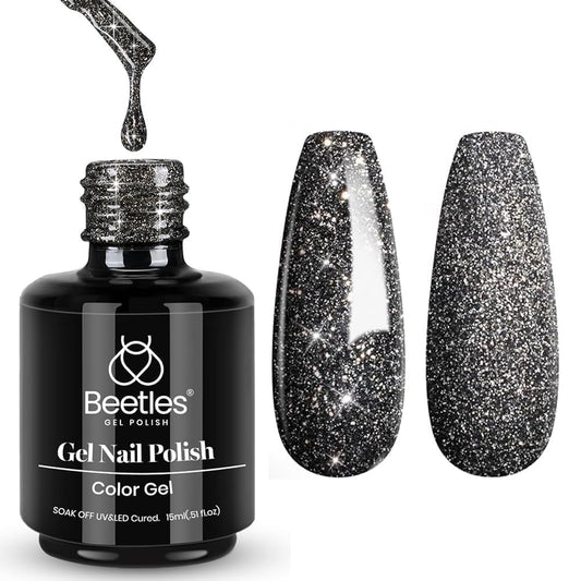 Beetles Black Gel Nail Polish, 1Pcs 15ML Glitter Gel Nail Polish Black Sparkle Reflective Shimmer Color Soak Off UV Lamp Disco Nail Art Manicure Salon DIY at Home Gifts for Her-Velvo Beauty