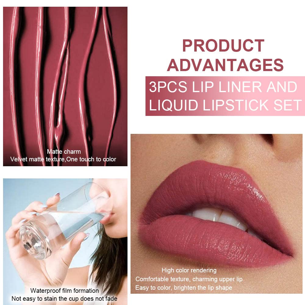 evpct 3Pcs Mauve Neutral Light Rosey Nude Blue Red Matte Liquid Lipstick and Lip Liner Stain Sets for Women, Long Lasting 24 Hours Matte Lipstick labiales matte larga duracion 24 mate originales-Velvo Beauty