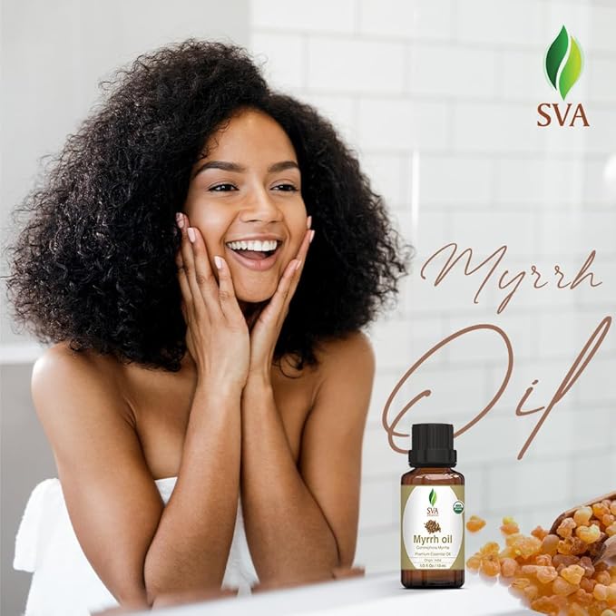 SVA Myrrh Essential Oil Organic – 1/3 Fl Oz – 100% Natural Organic Myrrh Oil - for Diffuser, Hair Care, Face, Skin Care, Aromatherapy, Scalp and Body Massage, Soap and Candle Making-Velvo Beauty