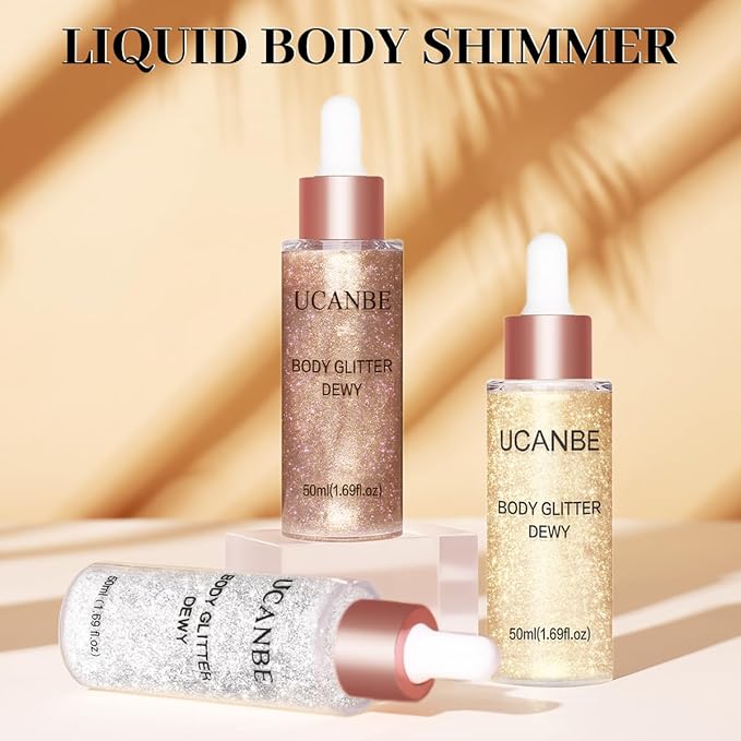 UCANBE Glow Shimmer Drop Set for Women Highlighter Makeup Body Glitter Dewy Liquid Face Holographic Luminizer Sparkles for Face (3 Pcs)-Velvo Beauty