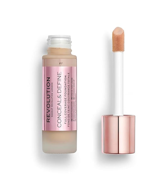 Revolution Beauty, Conceal & Define Foundation, Full Coverage, Long-Lasting Matte Finish, Vegan & Cruelty Free, F7 Medium Skin Tones, 0.8 Fl.Oz.-Velvo Beauty