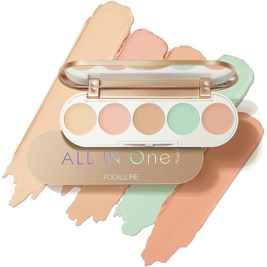 FOCALLURE #GoldenAge 5 in 1 Multi Uses Concealer Palette, 5 Colors Correcting Conceal Palette, Camouflage Contour Palettes for Dark Circles, Face Contouring Highlighter Pallet, CC01 LIGHT-CORRECTING-Velvo Beauty