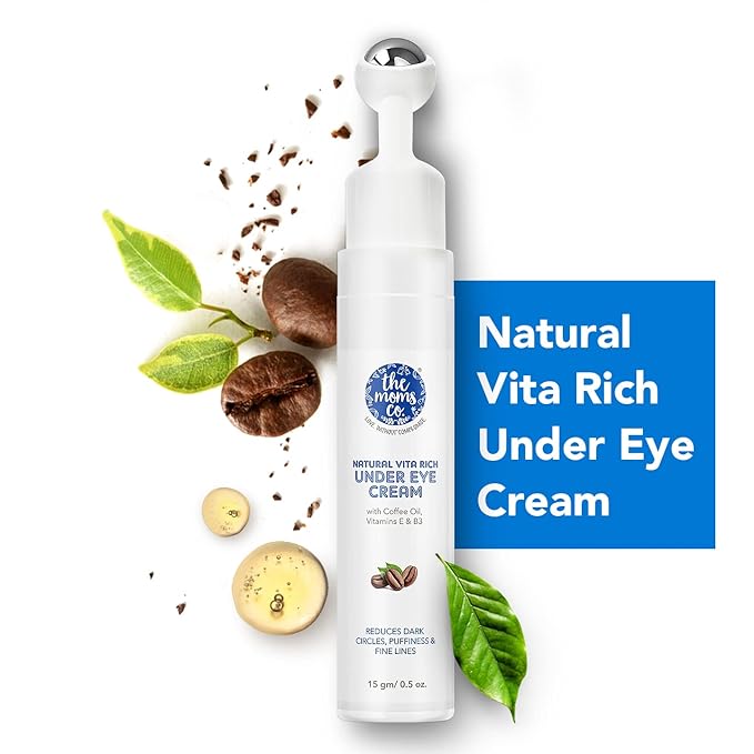 The Moms Co. Natural Vita Rich Under Eye Cream for Dark Circles and Puffiness for Women, Suitable for Delicate Skin Under Eye Area, Soothing Massage Roller with Coffee Oil, Vitamins E & B3, 15 gm-Velvo Beauty