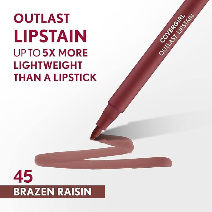 COVERGIRL Outlast, 45 Brazen Raisin, Lipstain, Smooth Application, Precise Pen-Like Tip, Transfer-Proof, Satin Stained Finish, Vegan Formula, 0.06oz-Velvo Beauty