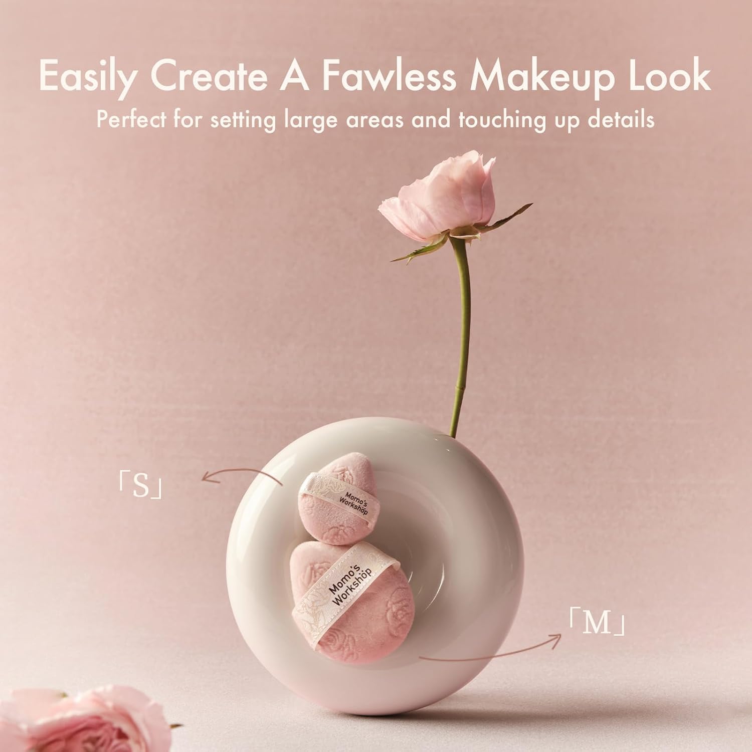 Pink Velvet Powder Puffs, Laser-Cut Rose Design, Dual-Sided, Travel Size & Wide M Size for Pressed Powder, Blush & Contour,5pcs Plush Puffs & Storage Case-Velvo Beauty