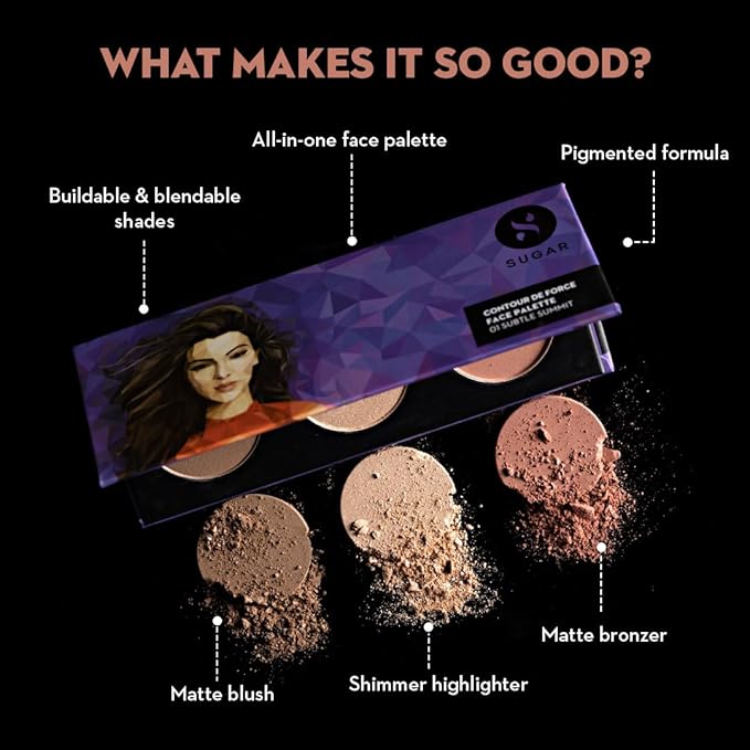 Sugar Cosmetics Contour De Force Face Palette01 Subtle SummitLonglasting formula, Lightweight Blush, Highlighter and Bronzer, Paraben free.-Velvo Beauty