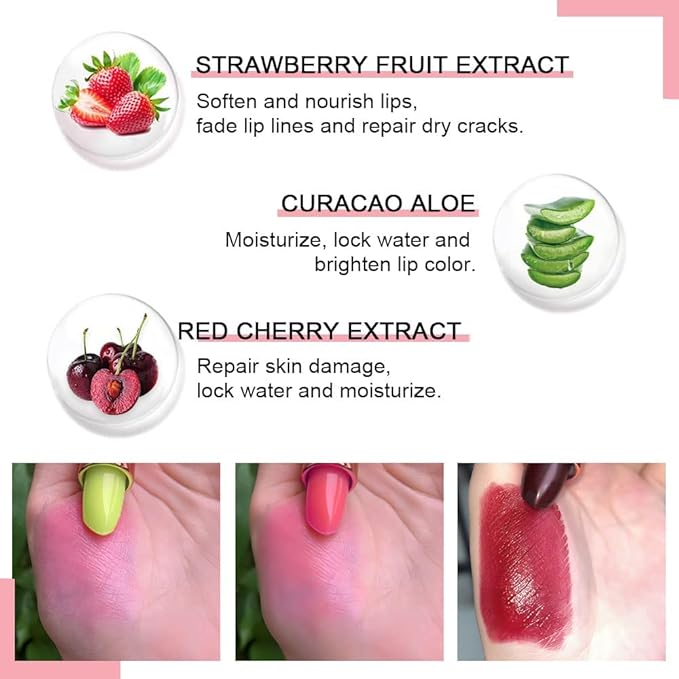 evpct 3Pcs Magic Color Changing Lipstick 24 Hours Original for Women Lasting Waterproof, Aloe Vera Strawberry Black Red Cherry PH Mood Permanent Hardpointing color changing Lipstick Tinted Lip balms-Velvo Beauty